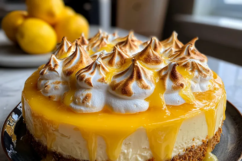 Kitchen torch browning the meringue peaks on top of the lemon cheesecake with yellow curd visible