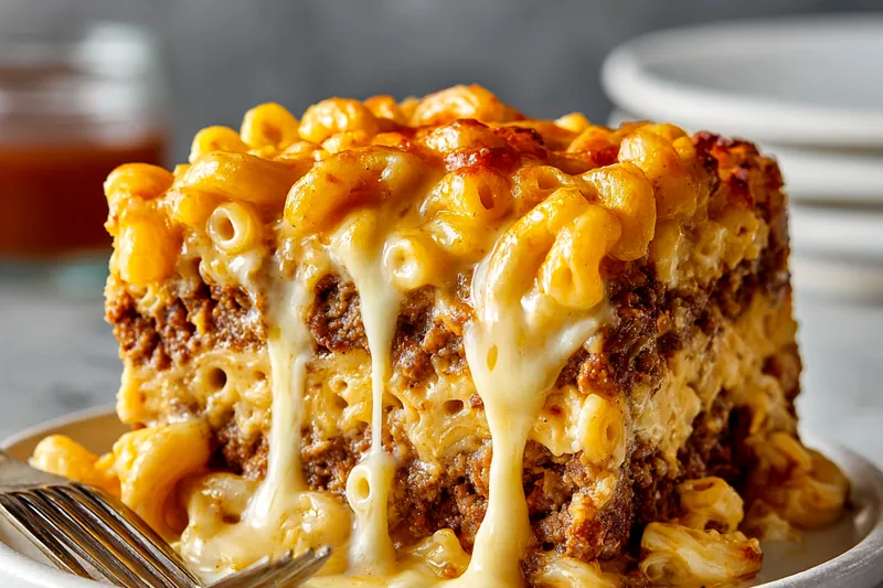 A slice of the layered meatloaf and mac and cheese casserole being lifted from the baking dish with a spatula