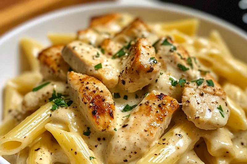 An array of fresh ingredients for Creamy Chicken Pasta Delight including chicken, pasta, and herbs.