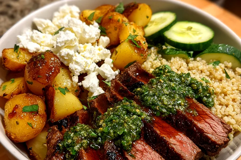 An assortment of fresh ingredients laid out for Mediterranean Grilled Steak Bowl preparation.