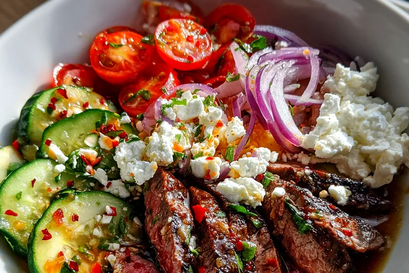Fresh ingredients for Mediterranean Steak Bowl