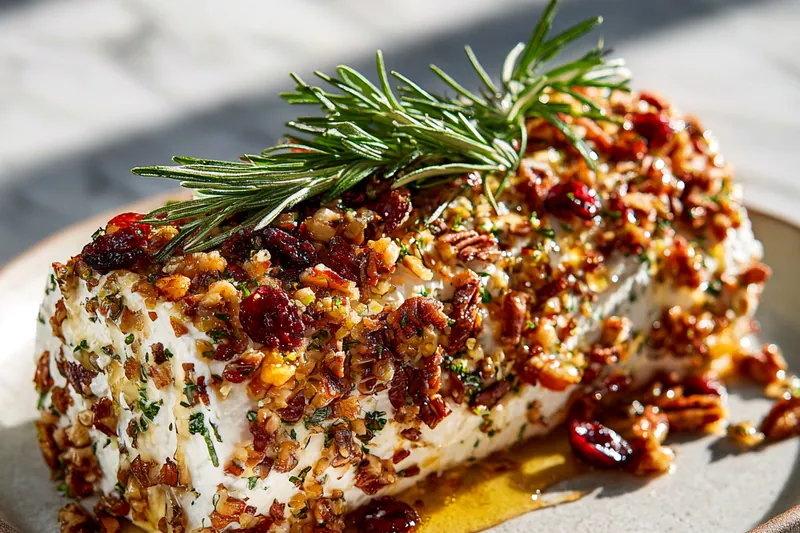A hand rolling the goat cheese log into the bacon, pecan, and cranberry mixture