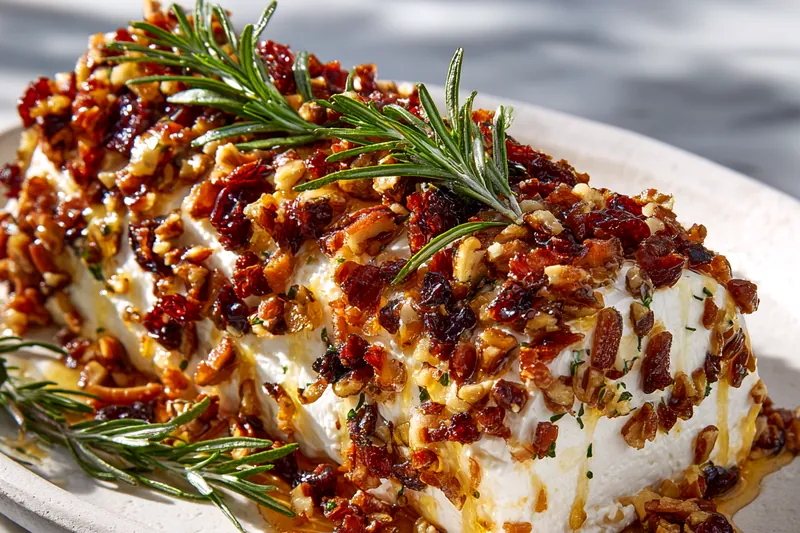 Raw ingredients for the cheese log: goat cheese, pecans, brown sugar, cranberries, bacon, and honey on a wooden board