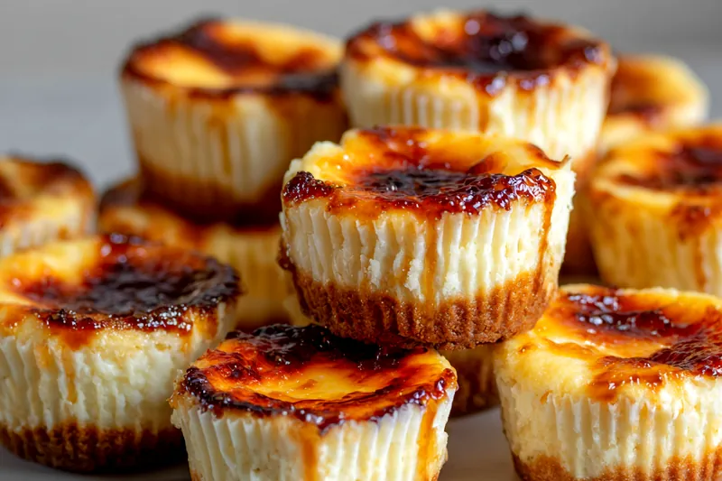 Close up of a kitchen torch caramelizing sugar on top of a mini cheesecake