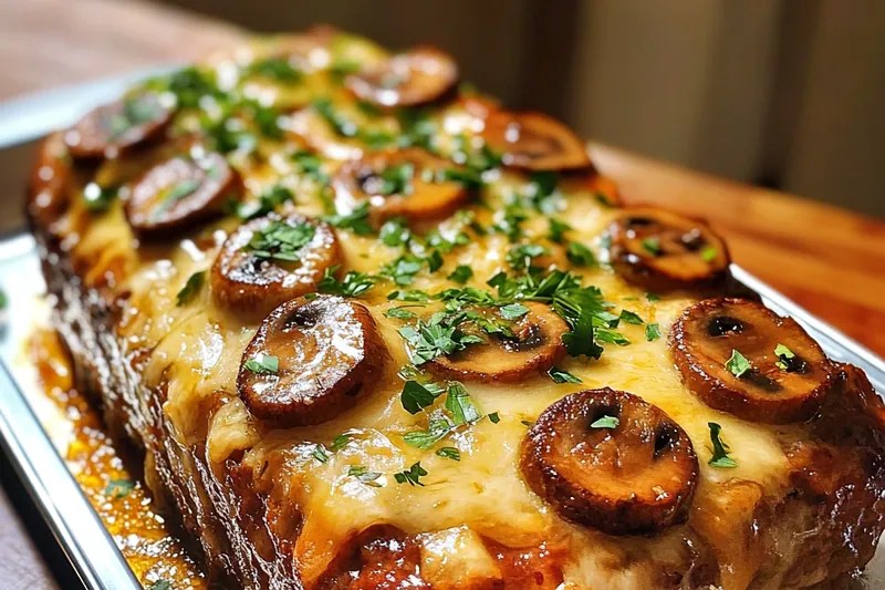 Savory Mushroom Swiss Meatloaf baking in the oven, with melted cheese bubbling on top.