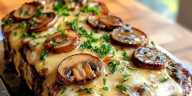 Savory Mushroom Swiss Meatloaf served on a rustic wooden table with sides of mashed potatoes and green beans.