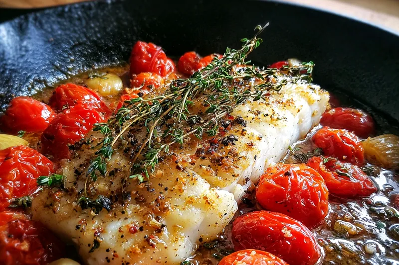 Cod fillet simmering in a skillet with bubbling tomato juices and golden garlic, steam rising