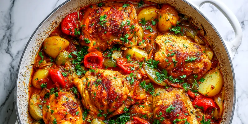 Delicious One-Pan Spanish Chicken Dinner served on a plate