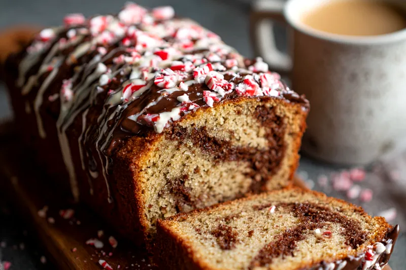 Peppermint mocha bread baking in loaf pan with risen, crackled top, showing proper texture and color during baking process