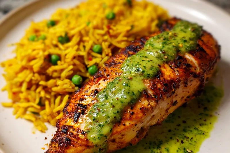 Golden Peruvian-spiced chicken breast cooking in a skillet with visible char marks forming, bright green cilantro sauce in a bowl nearby