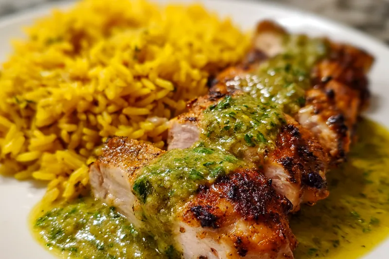 Raw chicken breasts, fresh cilantro bunch, jalapeño, garlic cloves, lime, spices including cumin and turmeric, white rice, and mayonnaise arranged on marble countertop