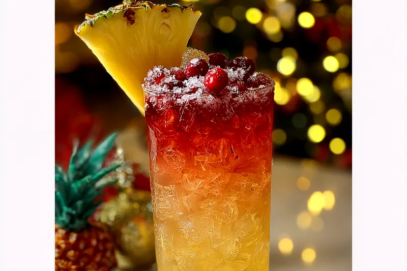 A refreshing pitcher of Festive Pineapple Cranberry Cooler served with fresh fruit and ice.