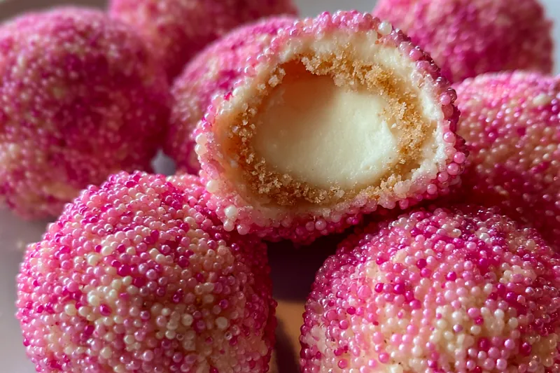 Cooking process for Pink Sprinkle Cheesecake Bombs