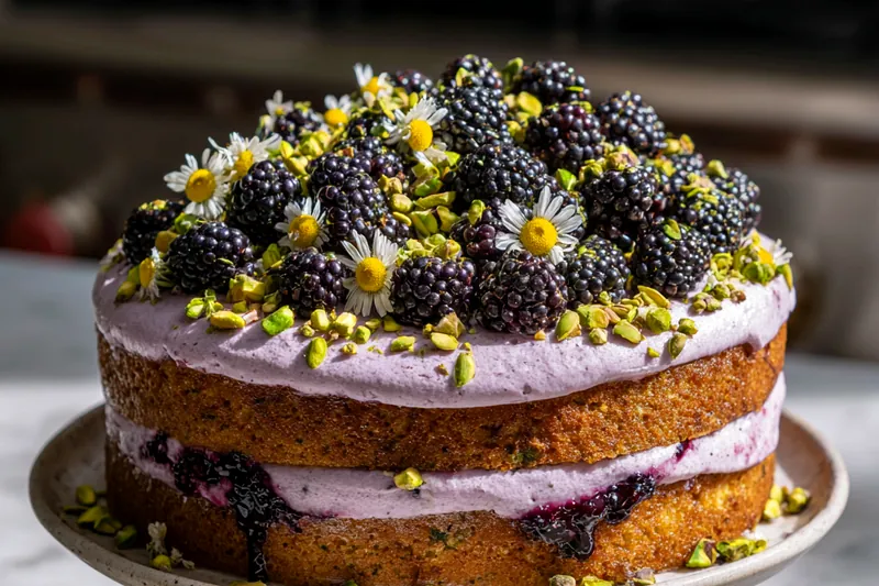 Raw ingredients for pistachio cake including ground pistachios, fresh blackberries, flour, sugar, butter, and eggs on a marble surface