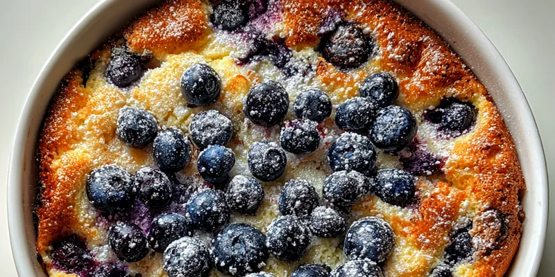 Golden brown blueberry pancake casserole fresh out of the oven, topped with a drizzle of syrup.