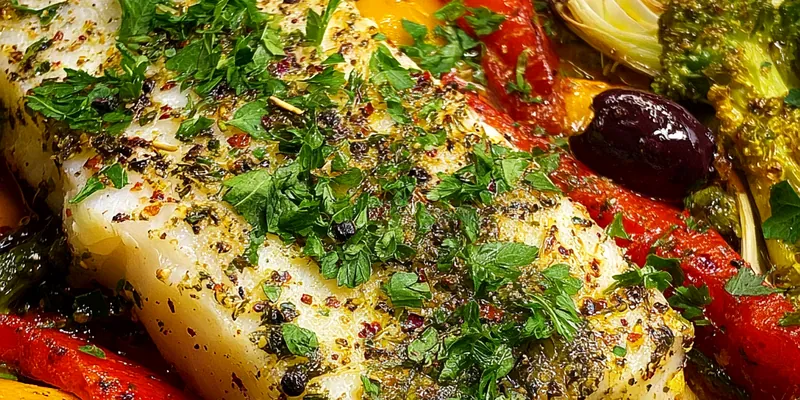 A beautifully plated serving of Quick Mediterranean Baked Cod with vegetables.