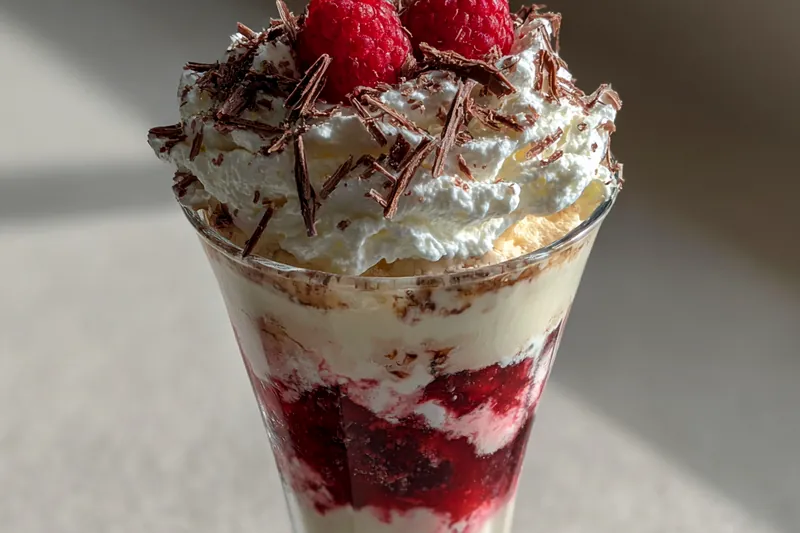 The cooking process showing melted white chocolate being mixed with raspberries.