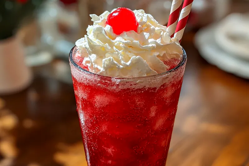 A blender filled with the ingredients for Refreshing Cherry Rum Slushie, ready to be blended.