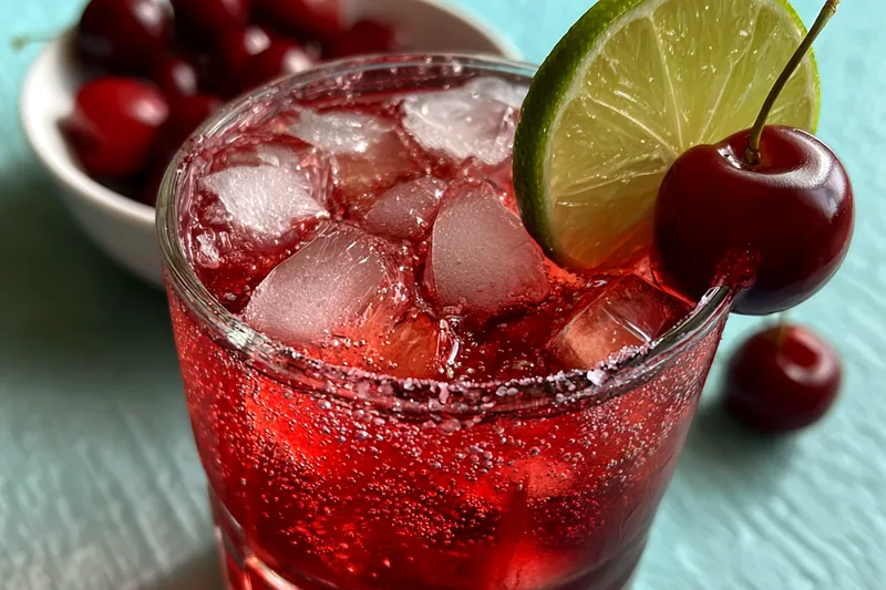 A vibrant array of ingredients for Refreshing Spiked Cherry Limeade including cherries, limes, and vodka.