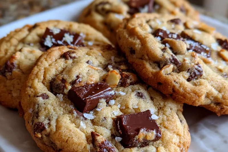 Freshly baked cookies cooling on a tray with melted chocolate visible and salt flakes glistening