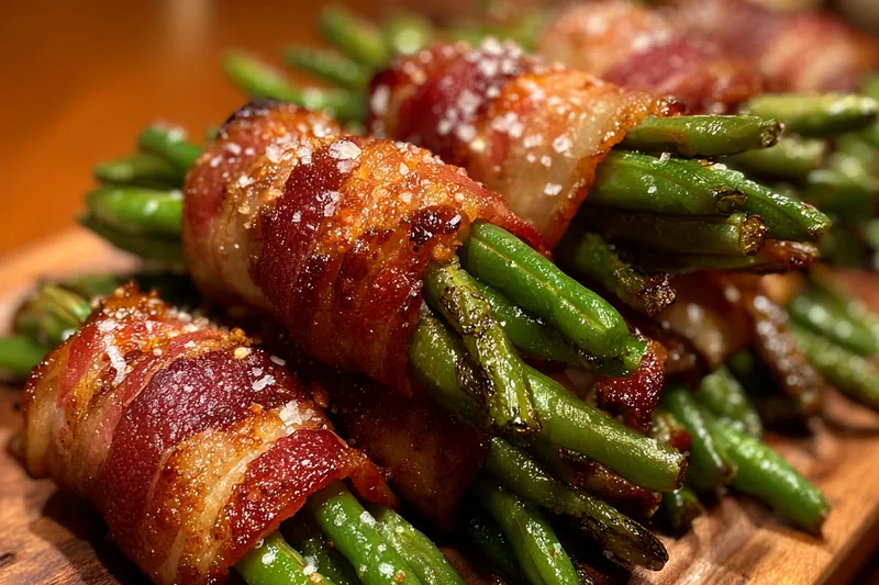 Bacon-Wrapped Green Beans baking in the oven until crispy and golden.