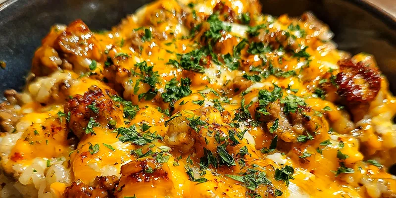 Delicious Savory Cheesy Beef Bowl served on a plate
