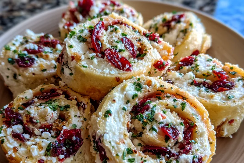 An array of fresh ingredients for Savory Cranberry Feta Pinwheels including cream cheese, feta, tortillas, cranberries, and parsley.