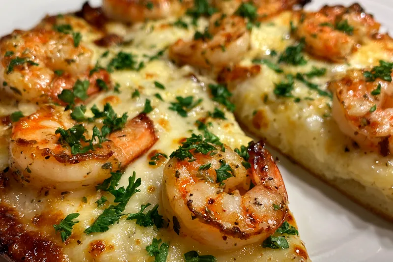 Chef Mitchell topping Savory Garlic Shrimp Pizza before baking.