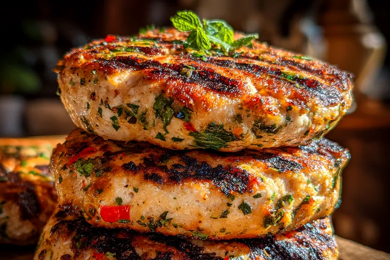 Chef grilling Savory Grilled Chicken Patties on a grill.