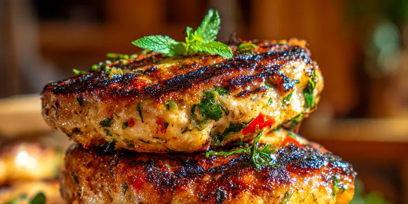 Delicious Savory Grilled Chicken Patties served on a plate with fresh vegetables.