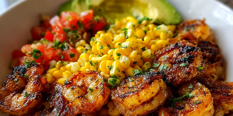 A beautifully presented Savory Grilled Shrimp Bowl featuring shrimp, rice, and colorful vegetables.