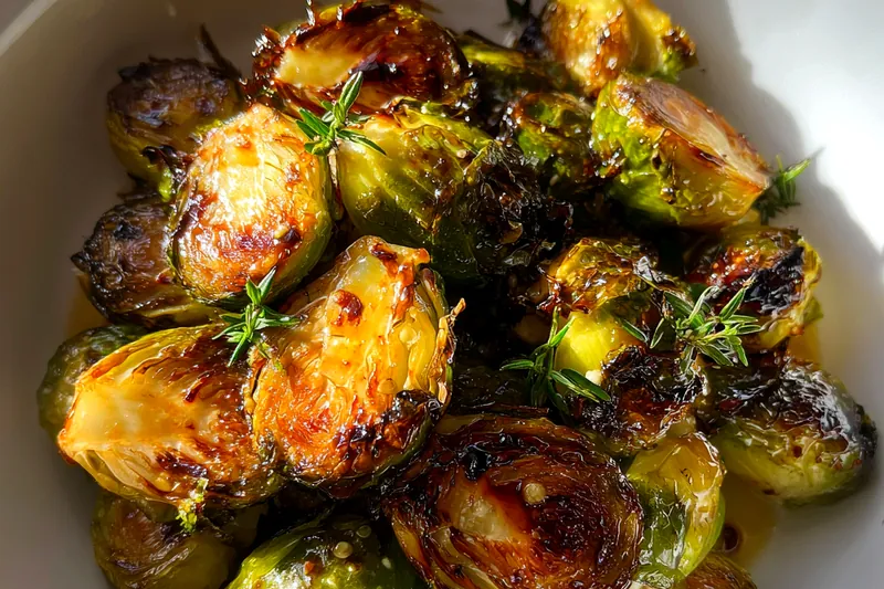 The process of roasting Savory Honey Balsamic Brussels Sprouts in the oven, showing golden-brown color.
