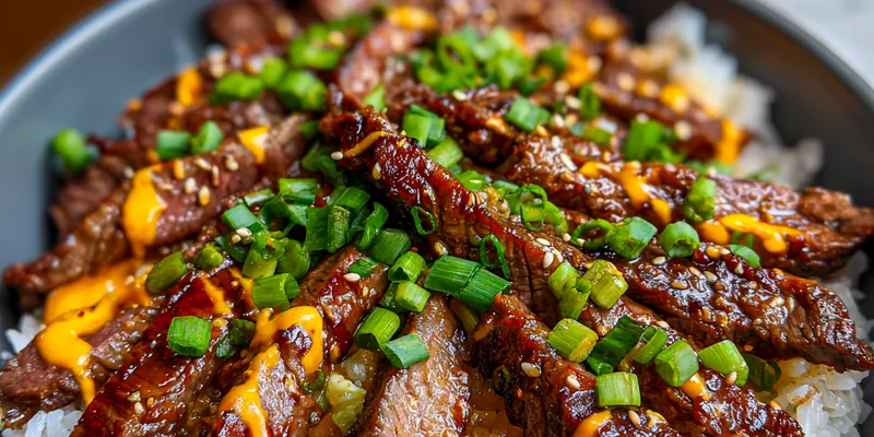A vibrant bowl of Savory Korean BBQ Steak Bowls featuring marinated steak, rice, kimchi, and fresh vegetables.