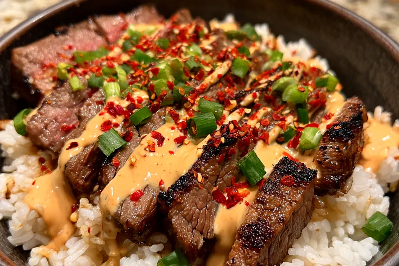 Cooking process of Savory Korean Steak Rice Bowl with steak sizzling in a skillet.