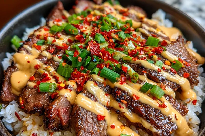 Fresh ingredients for Savory Korean Steak Rice Bowl arranged on a wooden cutting board.