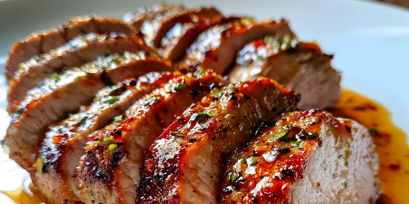 Beautifully plated Savory Maple Dijon Pork with a rich glaze and fresh herbs on a rustic wooden table.