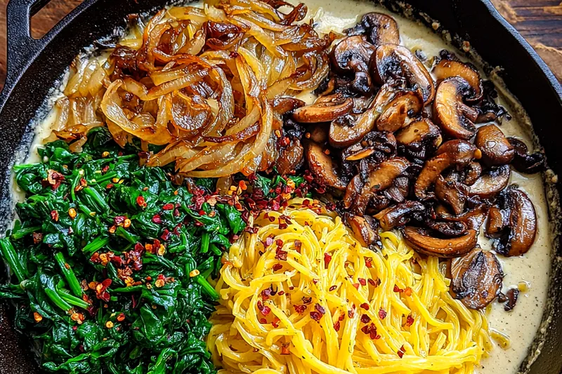 Cooking process for Savory Mushroom Spinach Pasta