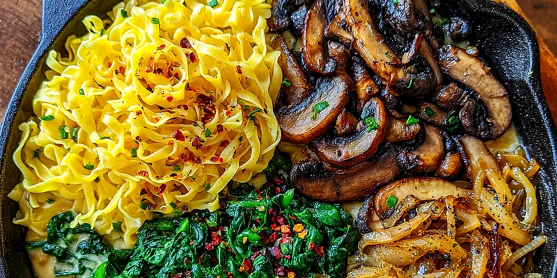 Delicious Savory Mushroom Spinach Pasta served on a plate