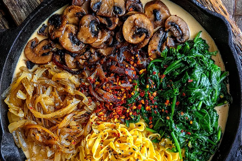 Fresh ingredients for Savory Mushroom Spinach Pasta
