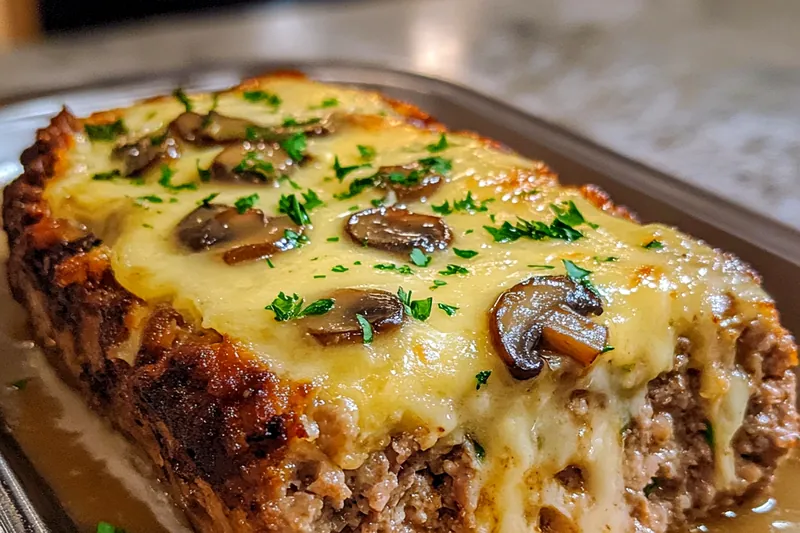 Savory Mushroom Swiss Meatloaf baking in the oven, golden brown and bubbling.