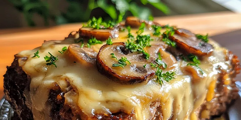A beautifully plated Savory Mushroom Swiss Meatloaf garnished with fresh herbs and served with sides.
