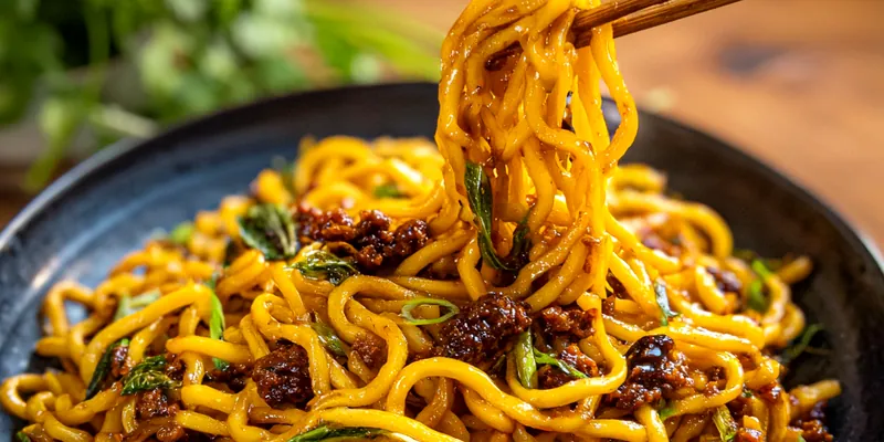 Delicious Savory Noodle Bowl Delight served on a plate