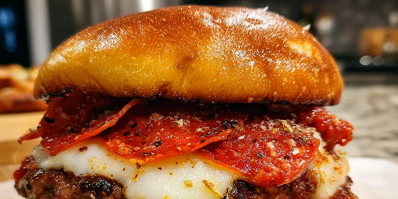 Deliciously stacked Savory Pizza Burgers Delight with melted cheese and fresh toppings.