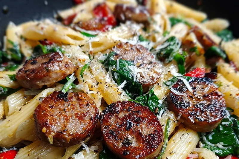 A colorful array of fresh ingredients including spinach, tomatoes, sausage, and penne pasta for the Savory Sausage Spinach Penne.