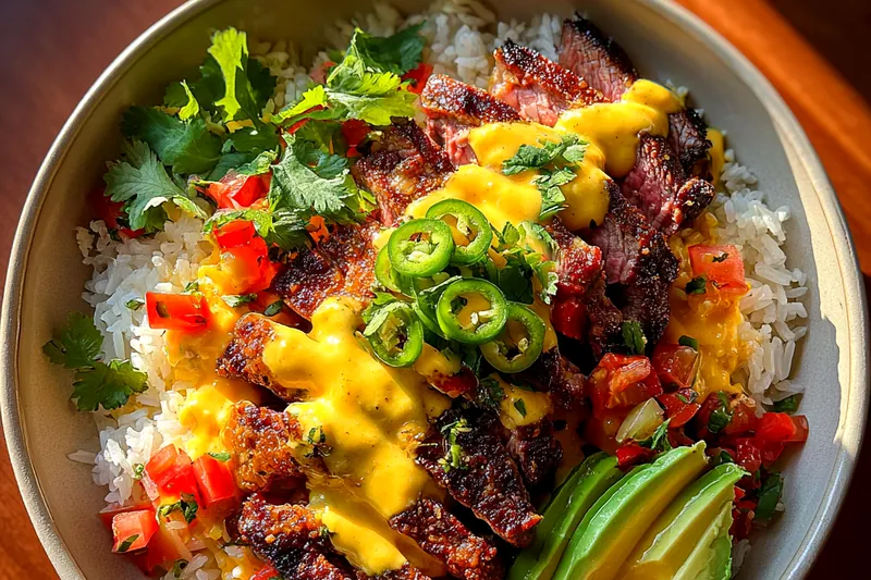 Fresh ingredients for Savory Steak Queso Bowl