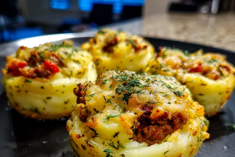 A step-by-step cooking process showing the preparation of Savory Stuffed Potato Treats.