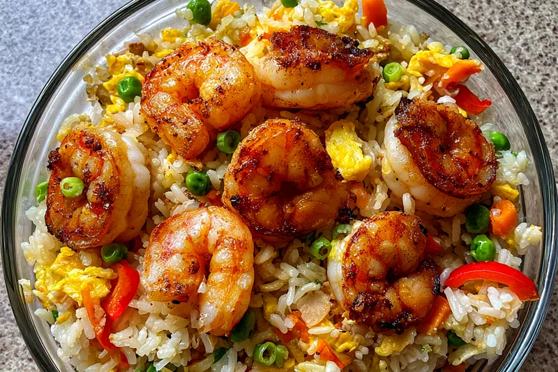 A vibrant assortment of fresh seafood, aromatic rice, and colorful vegetables laid out for Savory Seafood Rice Delight.