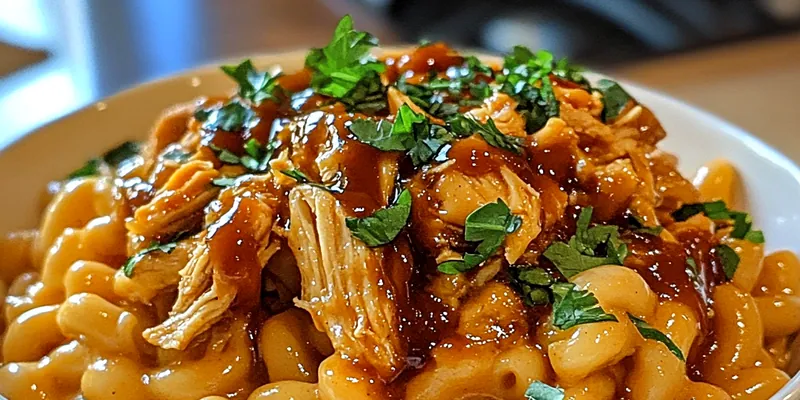 A delicious plate of Creamy BBQ Chicken Macaroni topped with melted cheese and garnished with parsley.