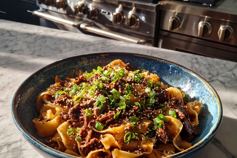 A fork lifting saucy noodles and beef from the bowl