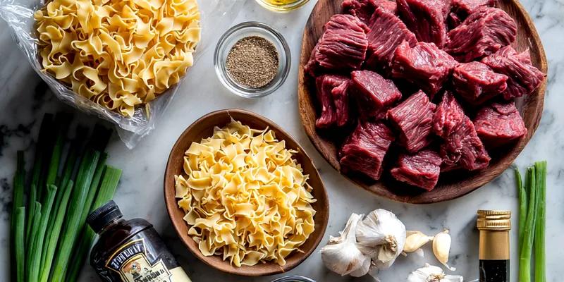A close-up bowl of wide noodles and shredded beef in a dark sticky sauce with green onions